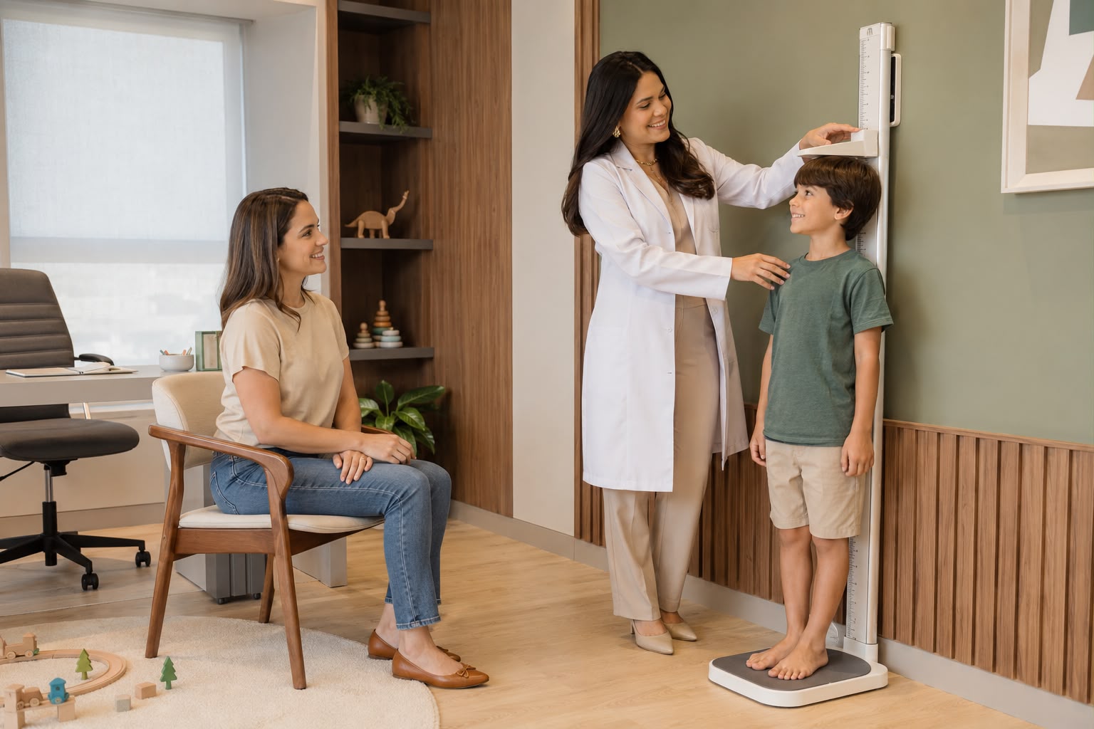 Atendimento de endocrinologia infantil com criança e mãe no Centro Médico Integrado da Emana