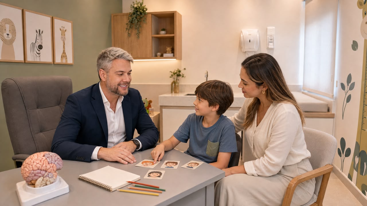 Atendimento de psiquiatria infantil com mãe e filho no Centro Médico Integrado da Emana