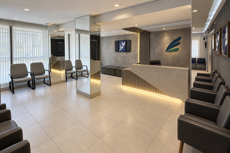 Sala de espera da Emana com obras de Fernanda Adamski